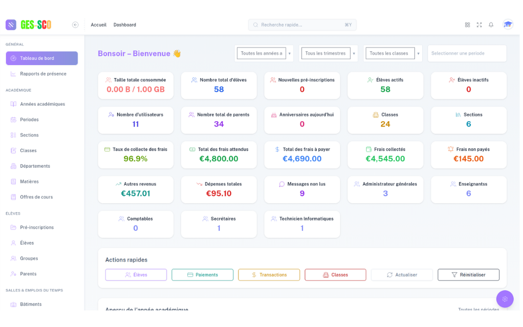 Tableau de bord Ges-sco - Logiciel de gestion scolaire